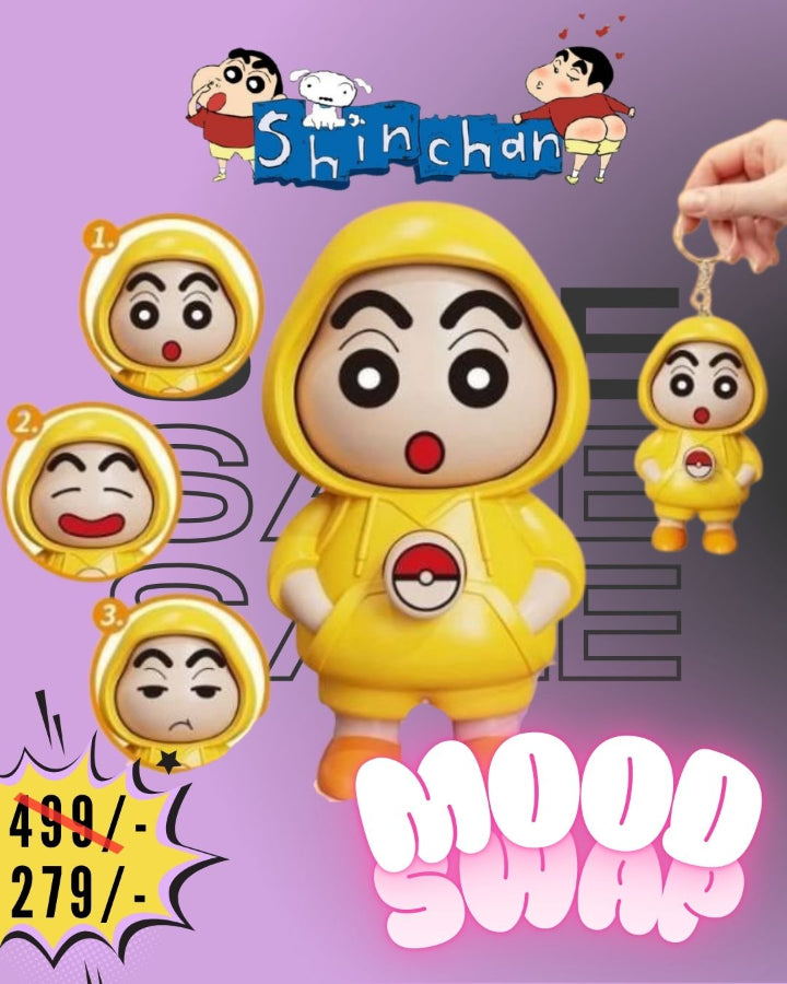 Shinchan toy figure with interchangeable faces on a purple background, featuring the Shinchan logo.